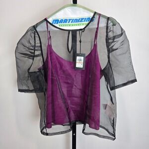 NWT DKNY Black Sheer Puff Sleeve Top Blouse Purple Cami 12 Whimsygoth Fairy Glam